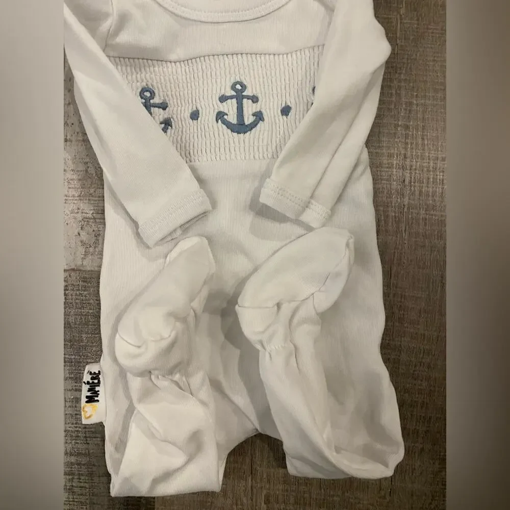 Maniere Child Smocked Anchor Footie 1M White Infant Sailor One Piece EUC